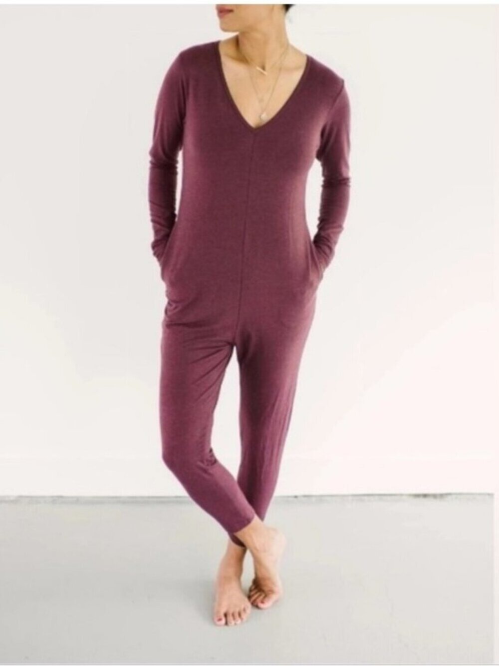 SMASH + TESS | Friday long-sleeve V-neck romper burgundy  red Sz XS